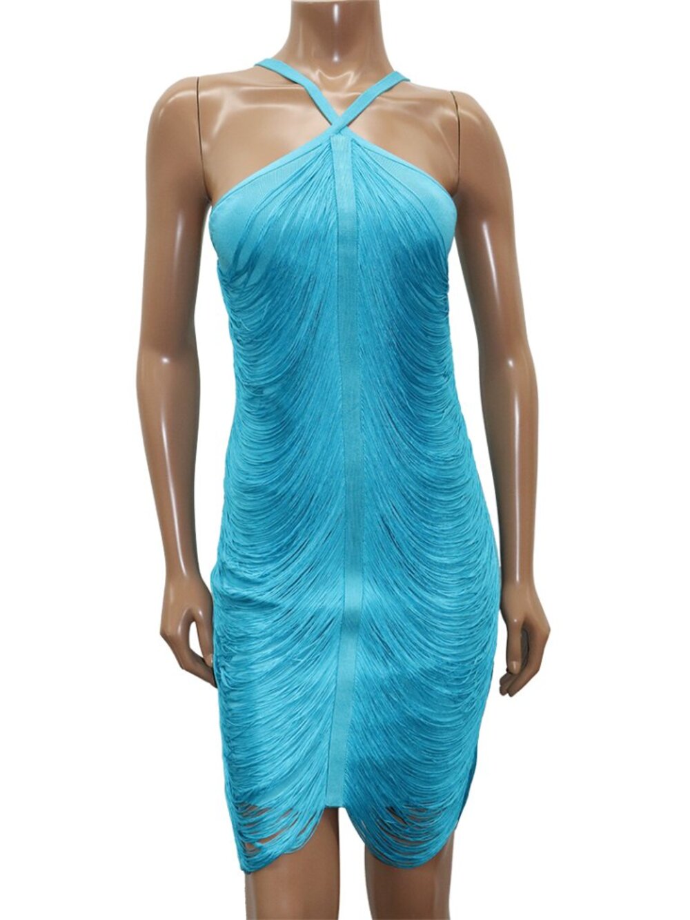Marciano by Guess Analise Turquoise Bandage Dress Fringe Halter Mini M - Picture 2 of 6